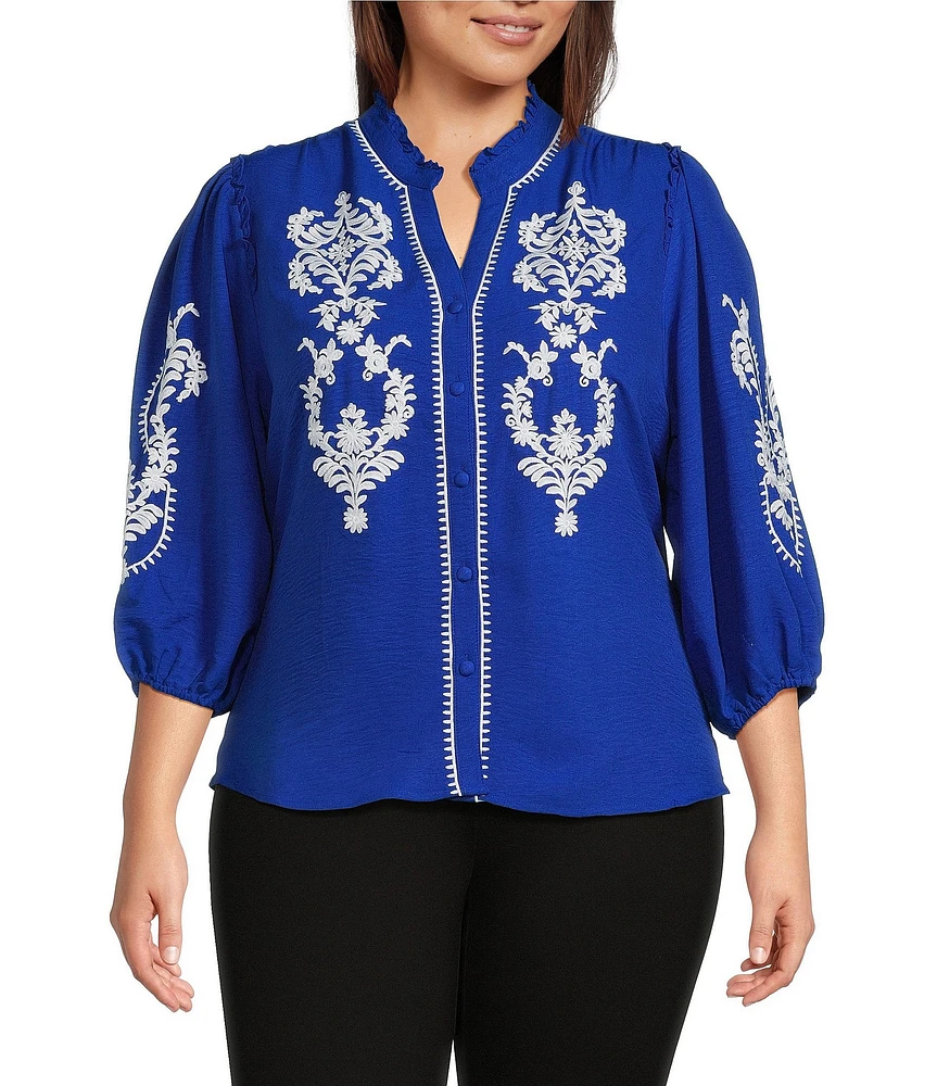 Calessa Plus Size Embroidered Split V-Neck 3/4 Sleeve Button Front Tunic