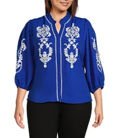 Calessa Plus Size Embroidered Split V-Neck 3/4 Sleeve Button Front Tunic