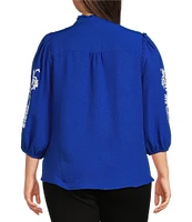 Calessa Plus Size Embroidered Split V-Neck 3/4 Sleeve Button Front Tunic