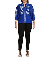 Calessa Plus Size Embroidered Split V-Neck 3/4 Sleeve Button Front Tunic