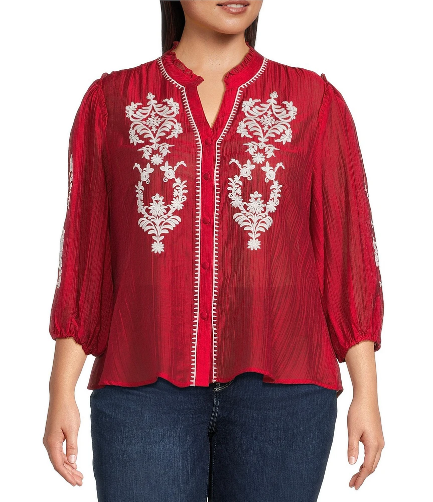 Calessa Plus Size Embroidered Split V-Neck Ruffled 3/4 Sleeve Button Front Tunic