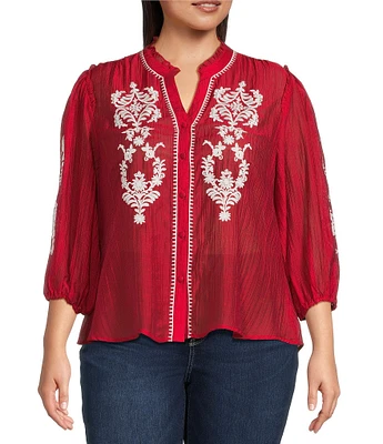 Calessa Plus Size Embroidered Split V-Neck Ruffled 3/4 Sleeve Button Front Tunic