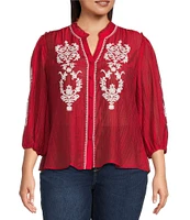 Calessa Plus Size Embroidered Split V-Neck Ruffled 3/4 Sleeve Button Front Tunic