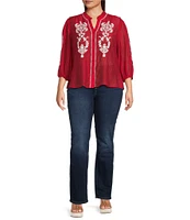 Calessa Plus Size Embroidered Split V-Neck Ruffled 3/4 Sleeve Button Front Tunic