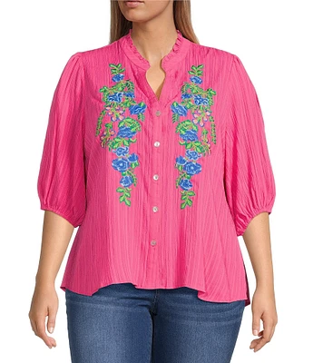 Calessa Plus Size Embroidered Split V-Neck 3/4 Sleeve Shirttail Hem Button Front Tunic