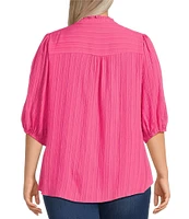 Calessa Plus Size Embroidered Split V-Neck 3/4 Sleeve Shirttail Hem Button Front Tunic