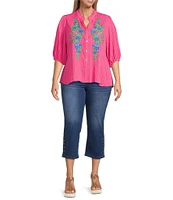 Calessa Plus Size Embroidered Split V-Neck 3/4 Sleeve Shirttail Hem Button Front Tunic