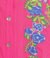 Calessa Plus Size Embroidered Split V-Neck 3/4 Sleeve Shirttail Hem Button Front Tunic