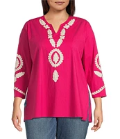 Calessa Plus Size Embroidered Split V-Neck 3/4 Sleeve Tunic