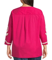 Calessa Plus Size Embroidered Split V-Neck 3/4 Sleeve Tunic