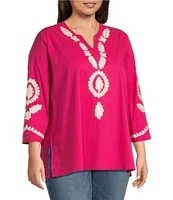 Calessa Plus Size Embroidered Split V-Neck 3/4 Sleeve Tunic