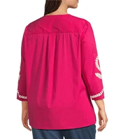 Calessa Plus Size Embroidered Split V-Neck 3/4 Sleeve Tunic