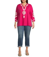 Calessa Plus Size Embroidered Split V-Neck 3/4 Sleeve Tunic