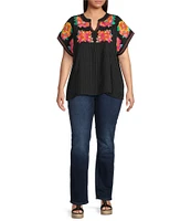 Calessa Plus Size Embroidered Split V-Neck Cap Sleeve Tunic