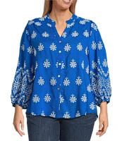Calessa Plus Size Embroidered Split V-Neck Long Sleeve Button Front Tunic