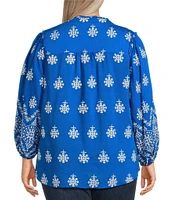 Calessa Plus Size Embroidered Split V-Neck Long Sleeve Button Front Tunic
