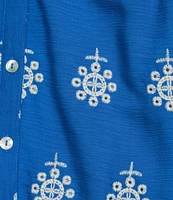 Calessa Plus Size Embroidered Split V-Neck Long Sleeve Button Front Tunic