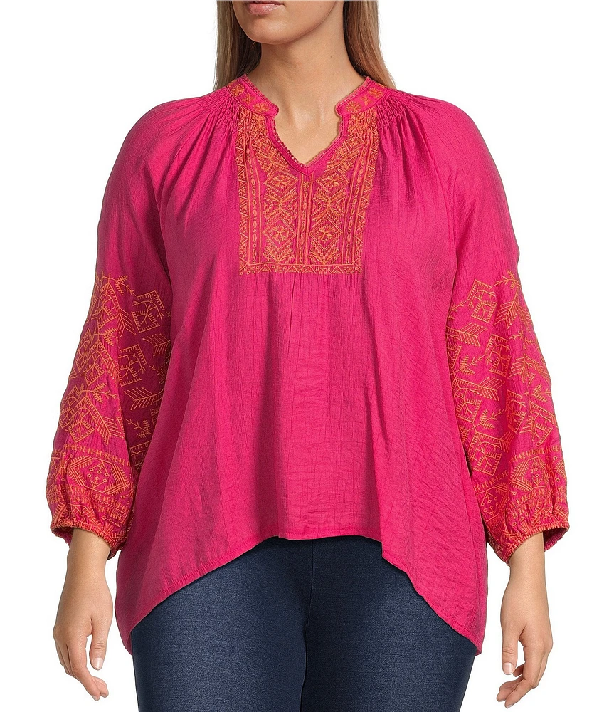 Calessa Plus Size Embroidered Split V-Neck Long Sleeve Tunic