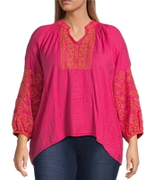 Calessa Plus Size Embroidered Split V-Neck Long Sleeve Tunic