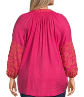 Calessa Plus Size Embroidered Split V-Neck Long Sleeve Tunic