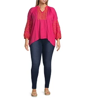 Calessa Plus Size Embroidered Split V-Neck Long Sleeve Tunic
