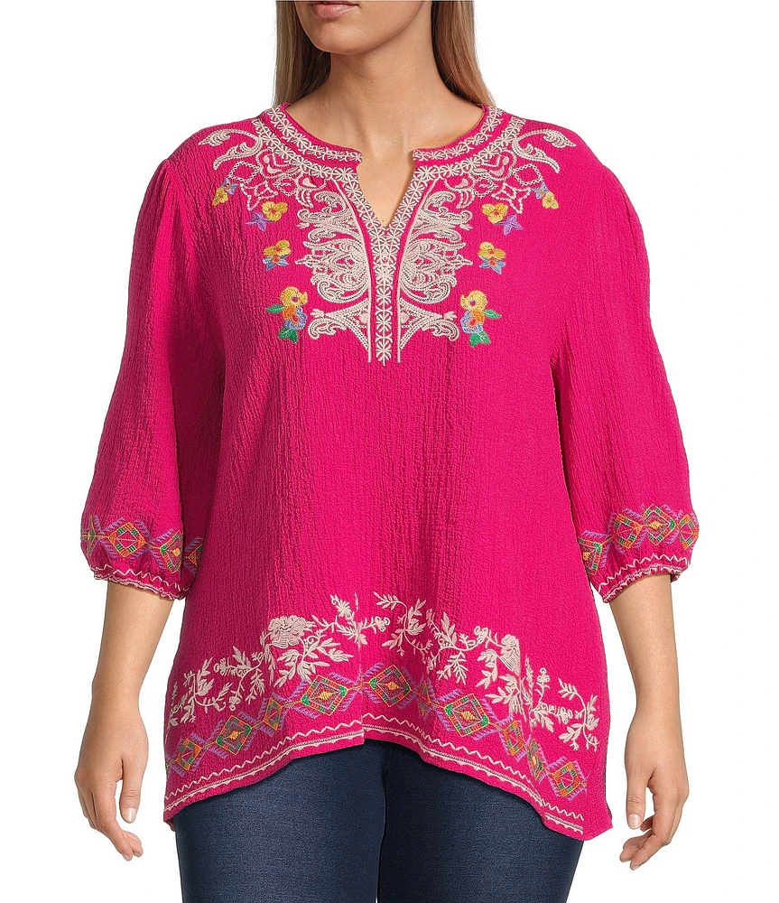 Calessa Plus Size Embroidered Split V-Neck Long Sleeve Tunic
