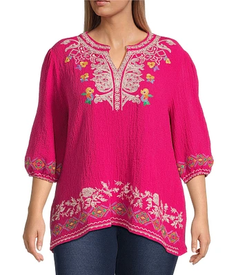 Calessa Plus Size Embroidered Split V-Neck Long Sleeve Tunic