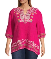 Calessa Plus Size Embroidered Split V-Neck Long Sleeve Tunic