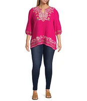 Calessa Plus Size Embroidered Split V-Neck Long Sleeve Tunic