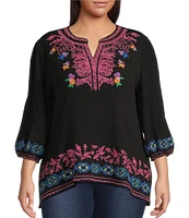 Calessa Plus Size Embroidered Split V-Neck Long Sleeve Tunic