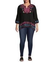 Calessa Plus Size Embroidered Split V-Neck Long Sleeve Tunic