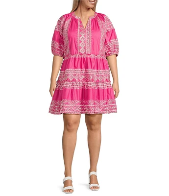 Calessa Plus Size Embroidered Split V-Neck Short Puff Sleeve Shift Dress