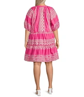 Calessa Plus Size Embroidered Split V-Neck Short Puff Sleeve Shift Dress