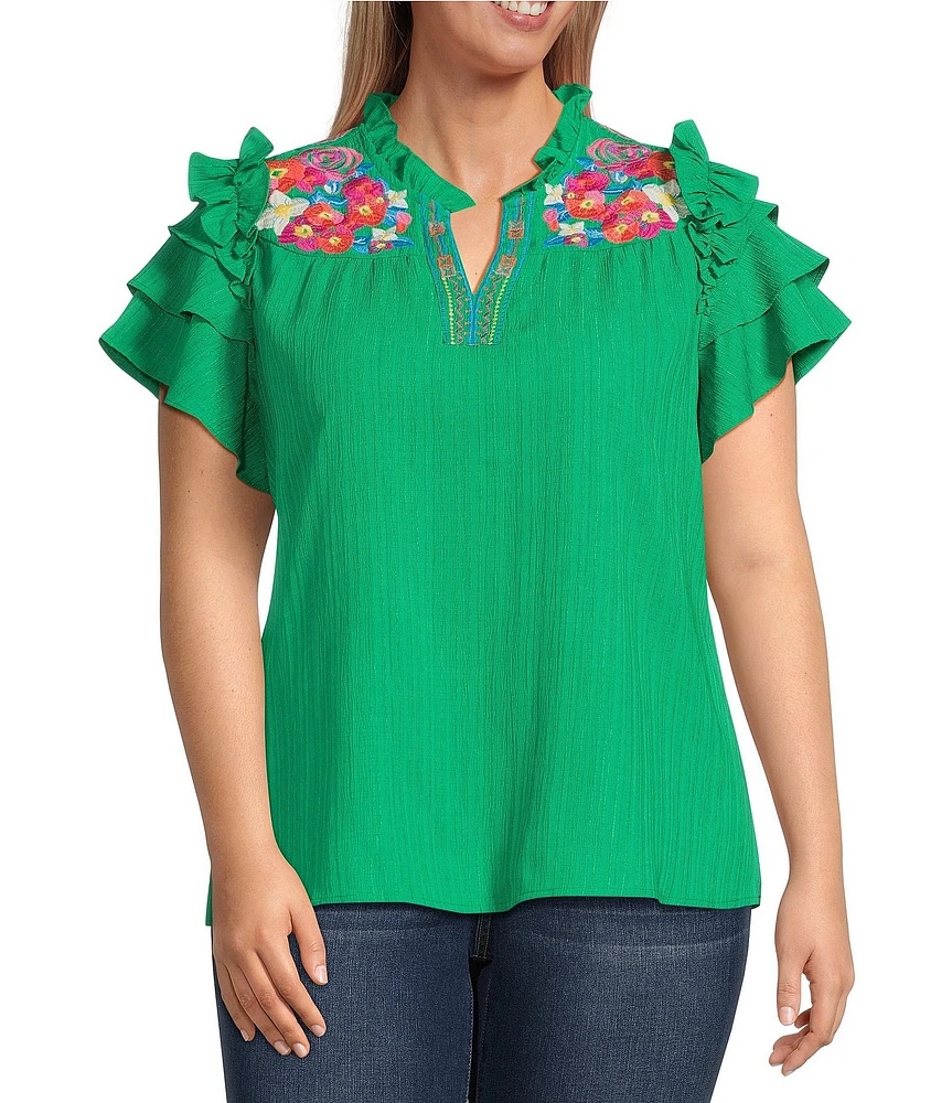 Calessa Plus Size Embroidered Split V-Neck Short Ruffle Sleeve Tunic
