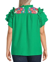 Calessa Plus Size Embroidered Split V-Neck Short Ruffle Sleeve Tunic
