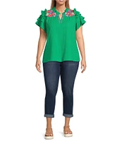Calessa Plus Size Embroidered Split V-Neck Short Ruffle Sleeve Tunic
