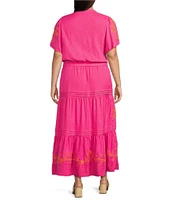 Calessa Plus Size Embroidered Split V-Neck Short Sleeve Belted Dress