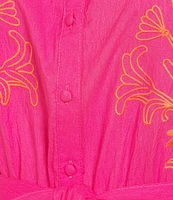 Calessa Plus Size Embroidered Split V-Neck Short Sleeve Belted Dress