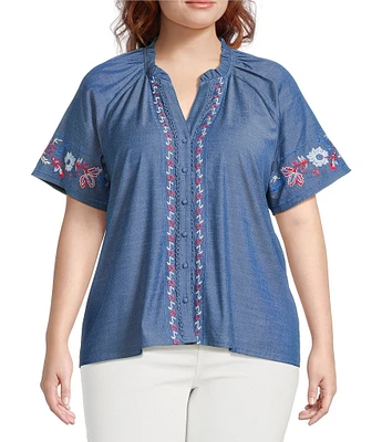 Calessa Plus Size Embroidered Split V-Neck Short Sleeve Button-Front Tunic
