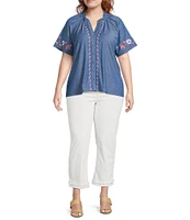 Calessa Plus Size Embroidered Split V-Neck Short Sleeve Button-Front Tunic