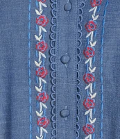 Calessa Plus Size Embroidered Split V-Neck Short Sleeve Button-Front Tunic
