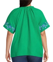 Calessa Plus Size Embroidered Split V-Neck Short Sleeve Button Front Tunic