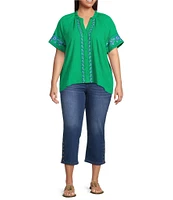 Calessa Plus Size Embroidered Split V-Neck Short Sleeve Button Front Tunic