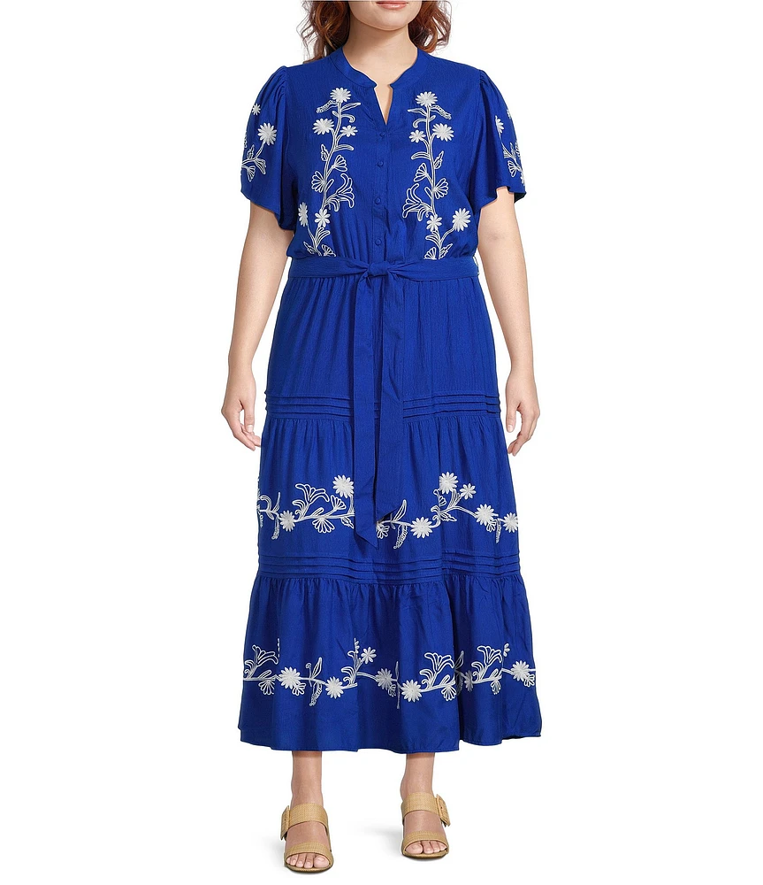 Calessa Plus Size Embroidered Split V-Neck Short Sleeve Tiered Belted Maxi Dress