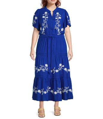 Calessa Plus Size Embroidered Split V-Neck Short Sleeve Tiered Belted Maxi Dress