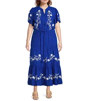 Calessa Plus Size Embroidered Split V-Neck Short Sleeve Tiered Belted Maxi Dress