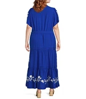 Calessa Plus Size Embroidered Split V-Neck Short Sleeve Tiered Belted Maxi Dress