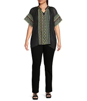 Calessa Plus Size Embroidered Split V-Neck Short Sleeve Tunic
