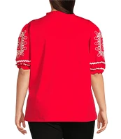 Calessa Plus Size Embroidered Split V-Neck Short Sleeve Tunic