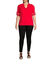 Calessa Plus Size Embroidered Split V-Neck Short Sleeve Tunic